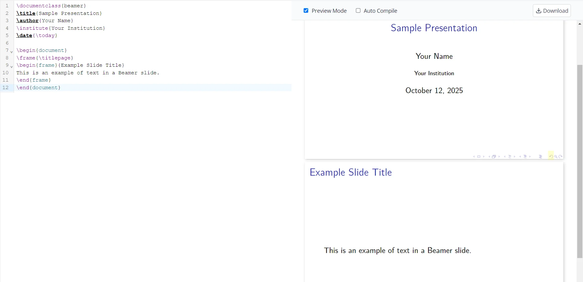 Figure: An example minimal Beamer slide source code (left) and its rendered PDF output (right) with a title and one content frame.