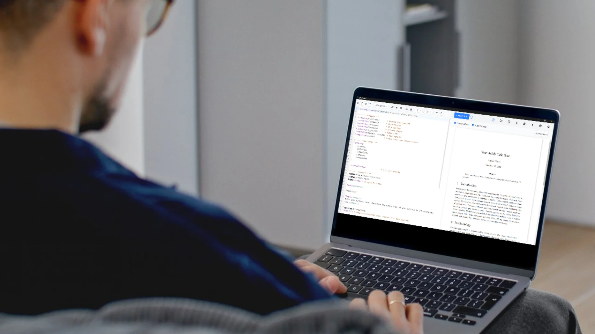 Latex Writer - Image of a man having laptop on his lap with latex writer editor interface